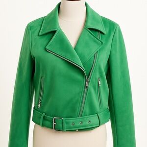 ZARA Faux Suede Moto Jacket – Jade Green, Size Large